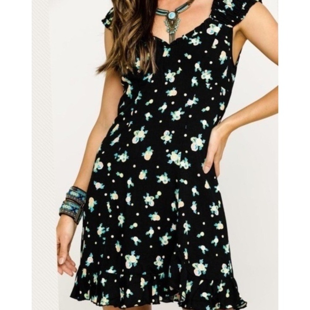Free People Size XS Like A Lady Mini Dress Citrus Floral Print Black